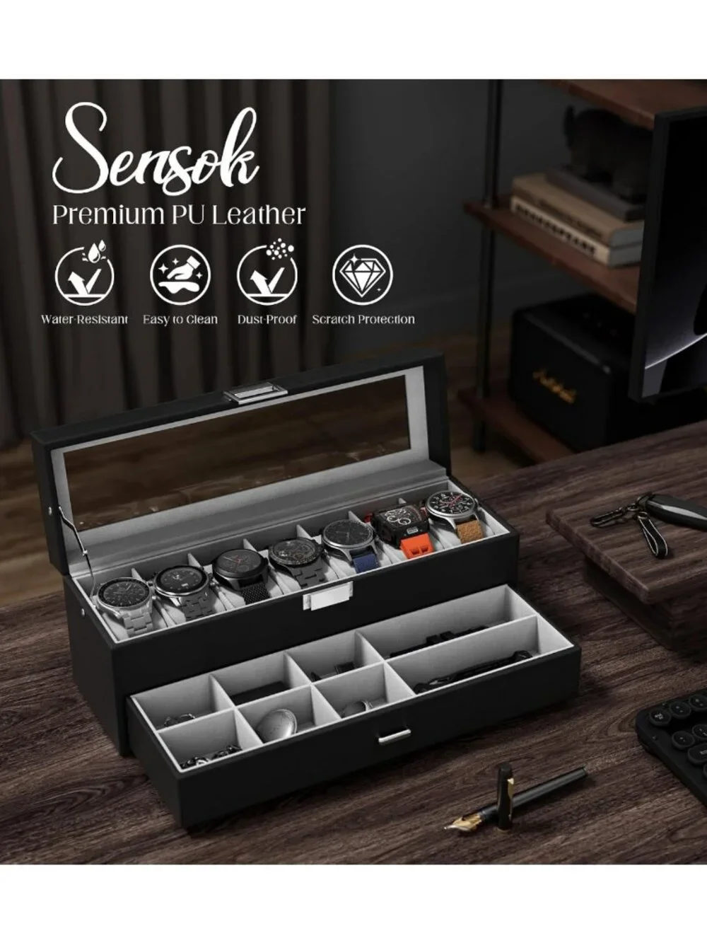 Men's 7-Slot Watch Case Box - Real Glass Display, Jewelry Drawer, PU Leather